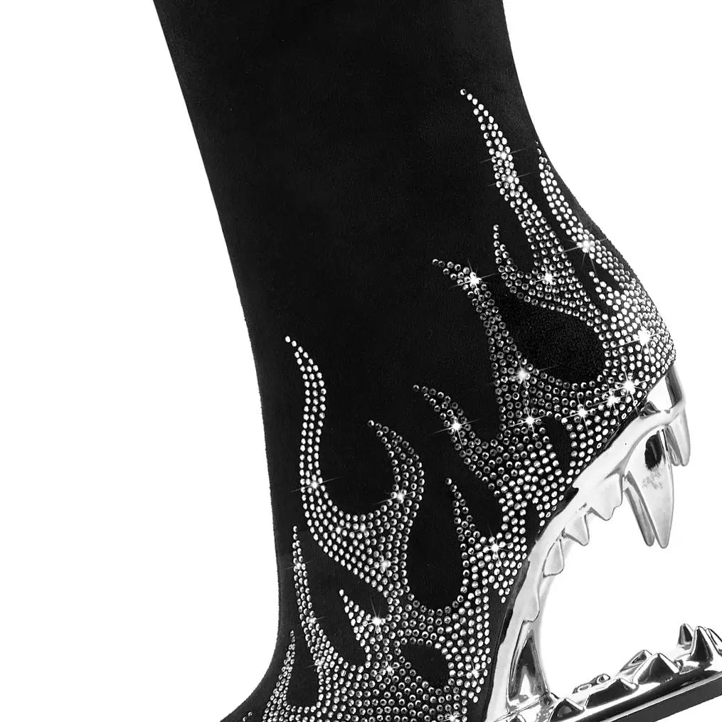 European And American Style Tiger Tooth Profiled Heel Skinny Stretch Boots Rhinestone Flame Dropshipman