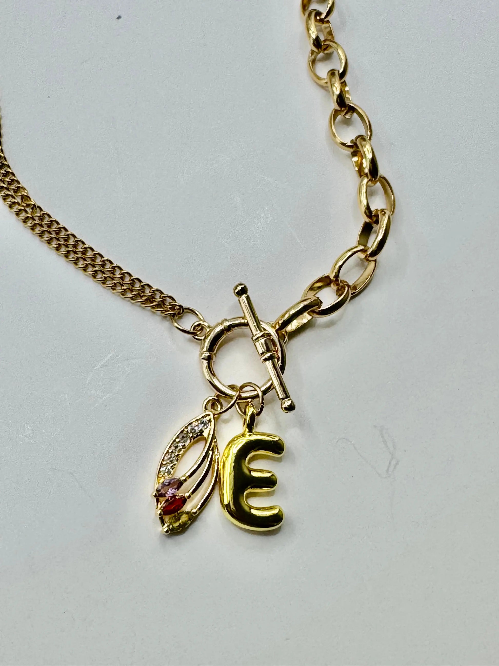 18K Gold PVD Initial Necklace with Multi-Color Gemstone Charms | Toggle Clasp Non-Tarnish Chain - JNi3 shop