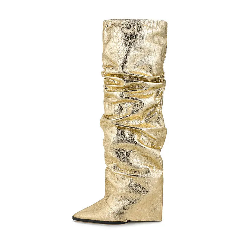 Women's Pointed Stitching Sleeve Flanging Pleated High Leg Boot Dropshipman