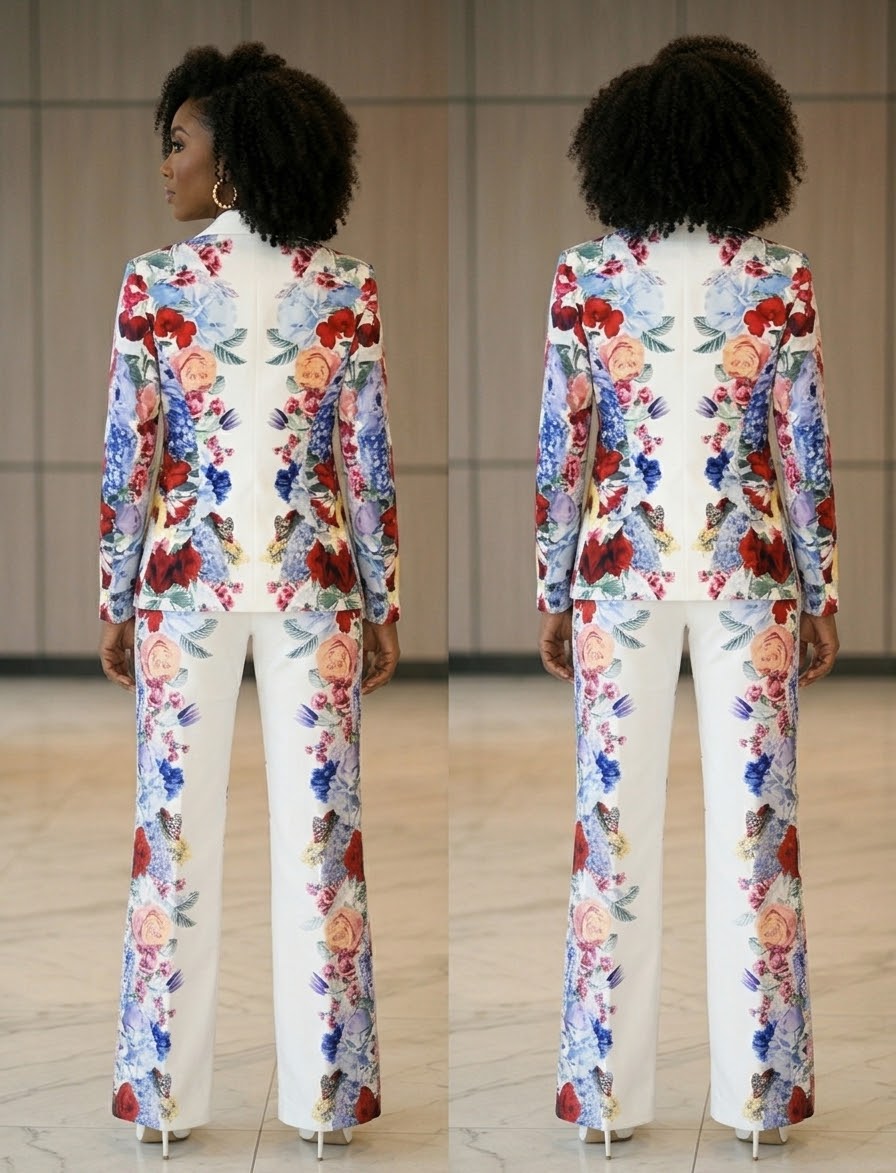 Women’s Floral Print Suit Set, Designer Two-Piece Blazer and Flare Pants, Botanical Garden Party Outfit, Statement Tailored Suit,