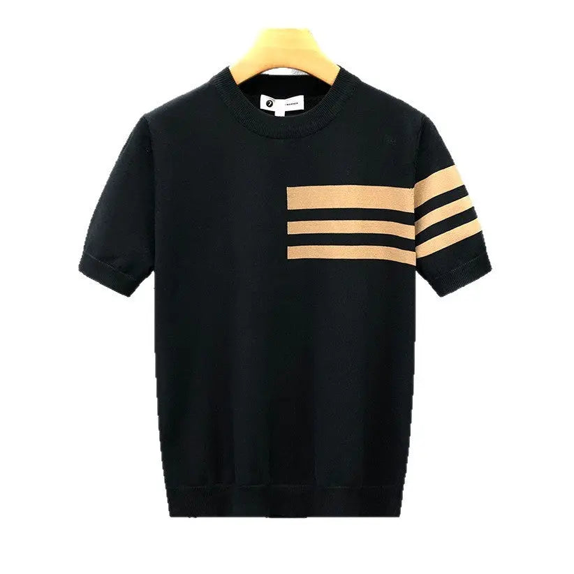 Trendy All-match Round Neck Knitted Short Sleeve Contrast Color Thin T-shirt Dropshipman