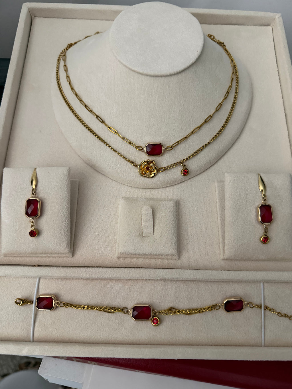 18k Gold PVD Birth Month double layered pendant Necklace, Bracelet and Earrings 3 pce set.