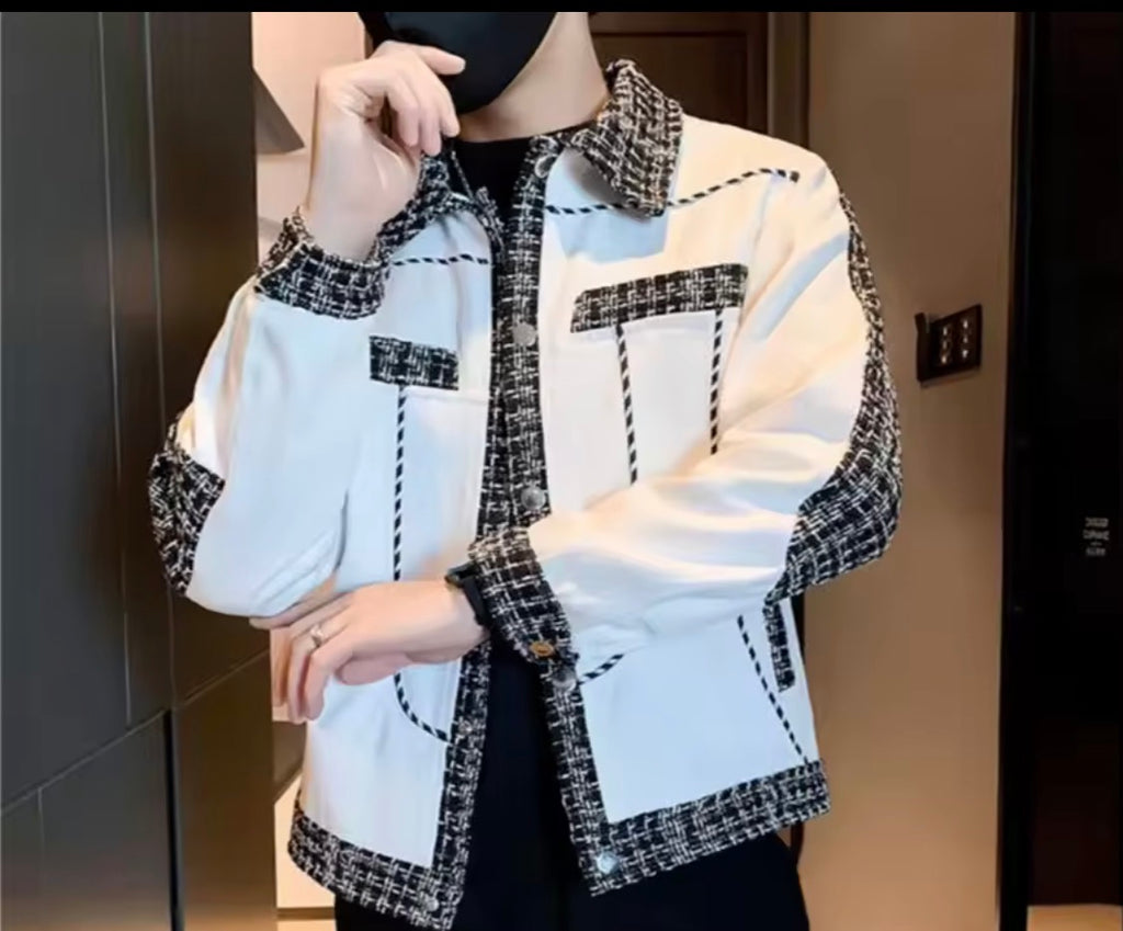 Men's Turn-Down Collar Long Sleeve Tweed Trim Patchwork Color Block Casual Button-Down Jacke