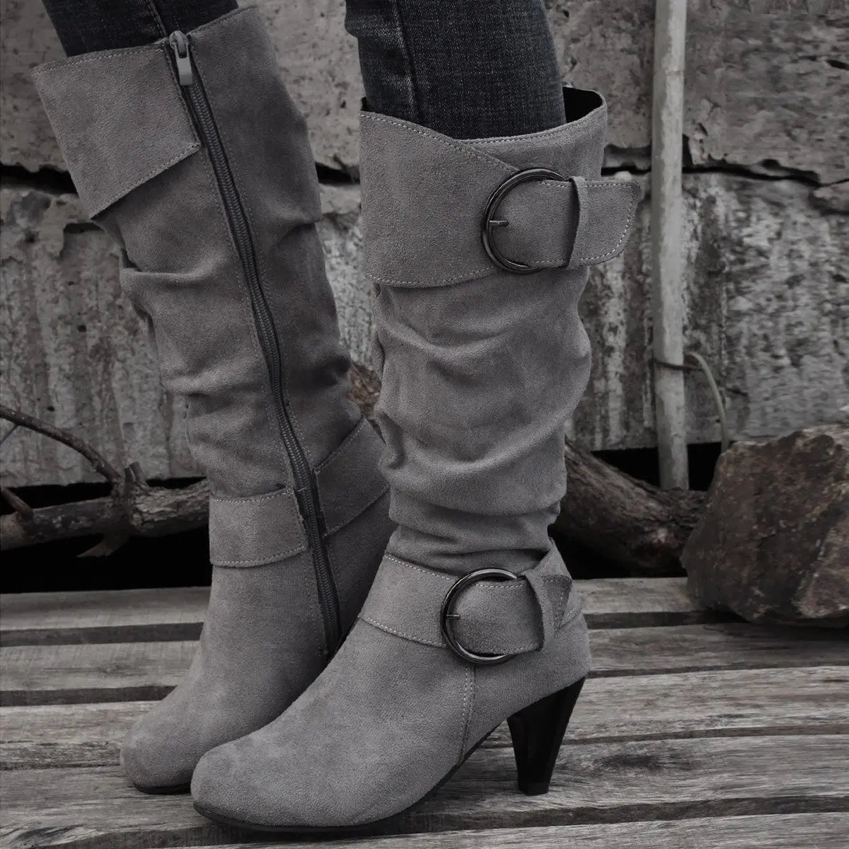 High Tube Below The Knee Round Head Buckle Women Boots JNi3 shop