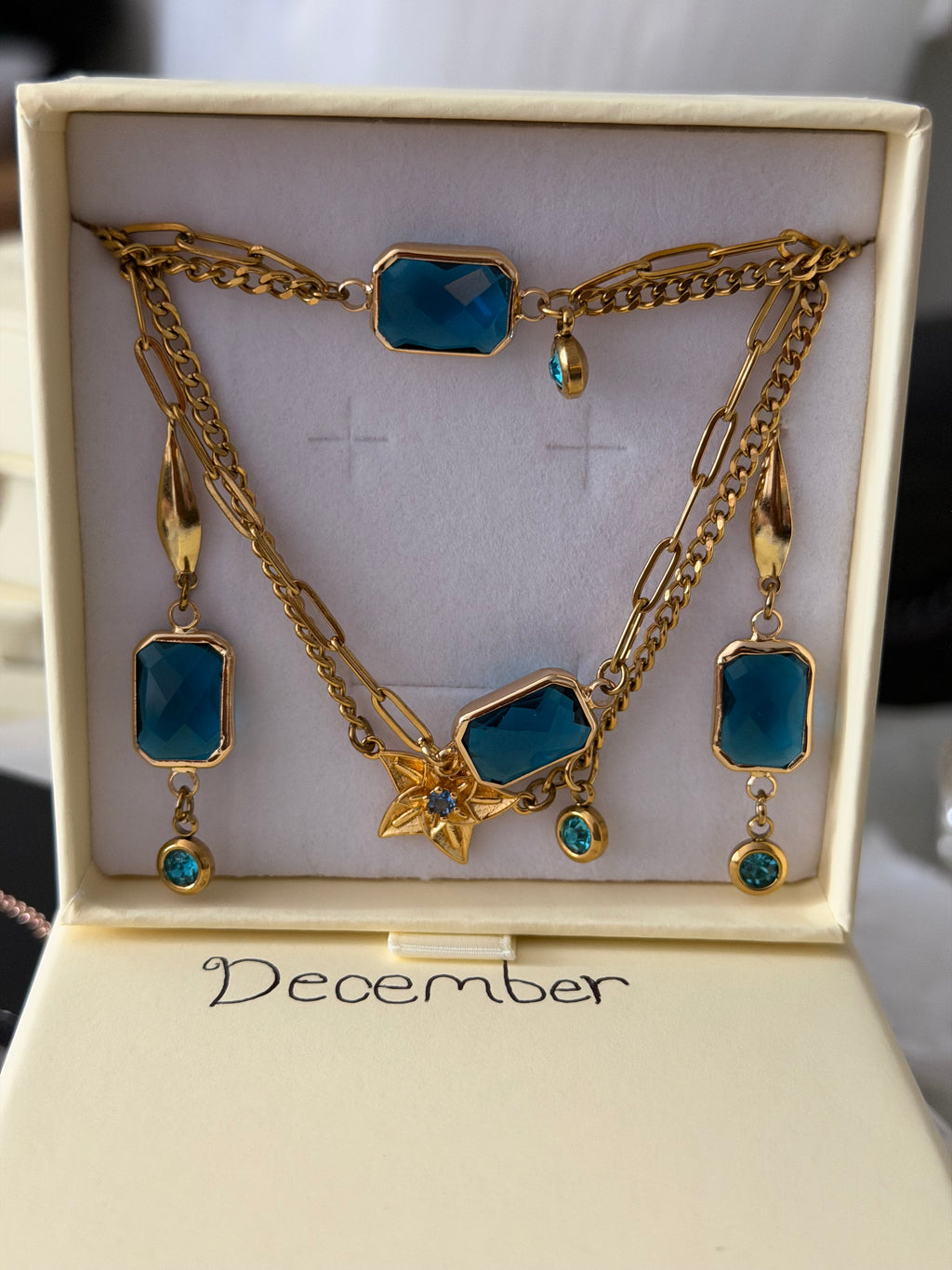18k Gold PVD Birth Month double layered pendant Necklace, Bracelet and Earrings 3 pce set.