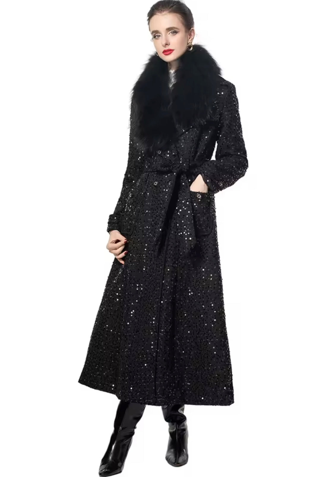 Elegant Sparkly Tweed Long Sequin Trench Belted Evening Overcoat with fur collar