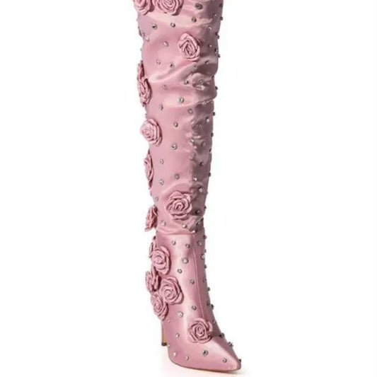 Silk Cloth Rivet Rose Over-the-knee Boots Dropshipman