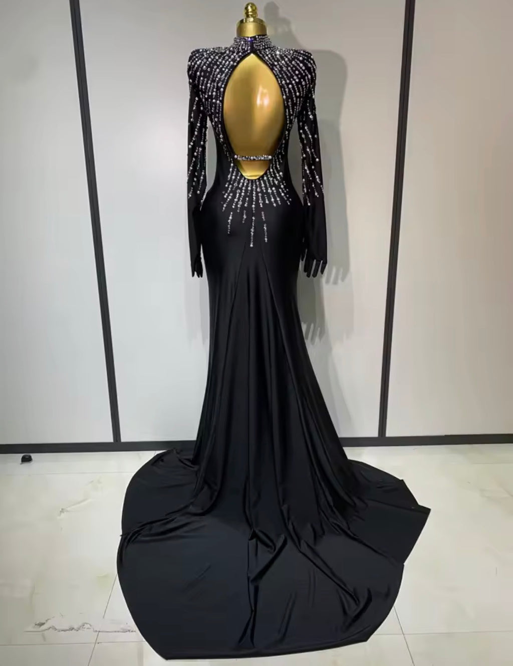 Luxury Black Rhinestone Evening Gown with Gloves, Crystal Embellished Mermaid Dress, High Neck Open Back Formal Gala Dress, Birthday Prom Dress