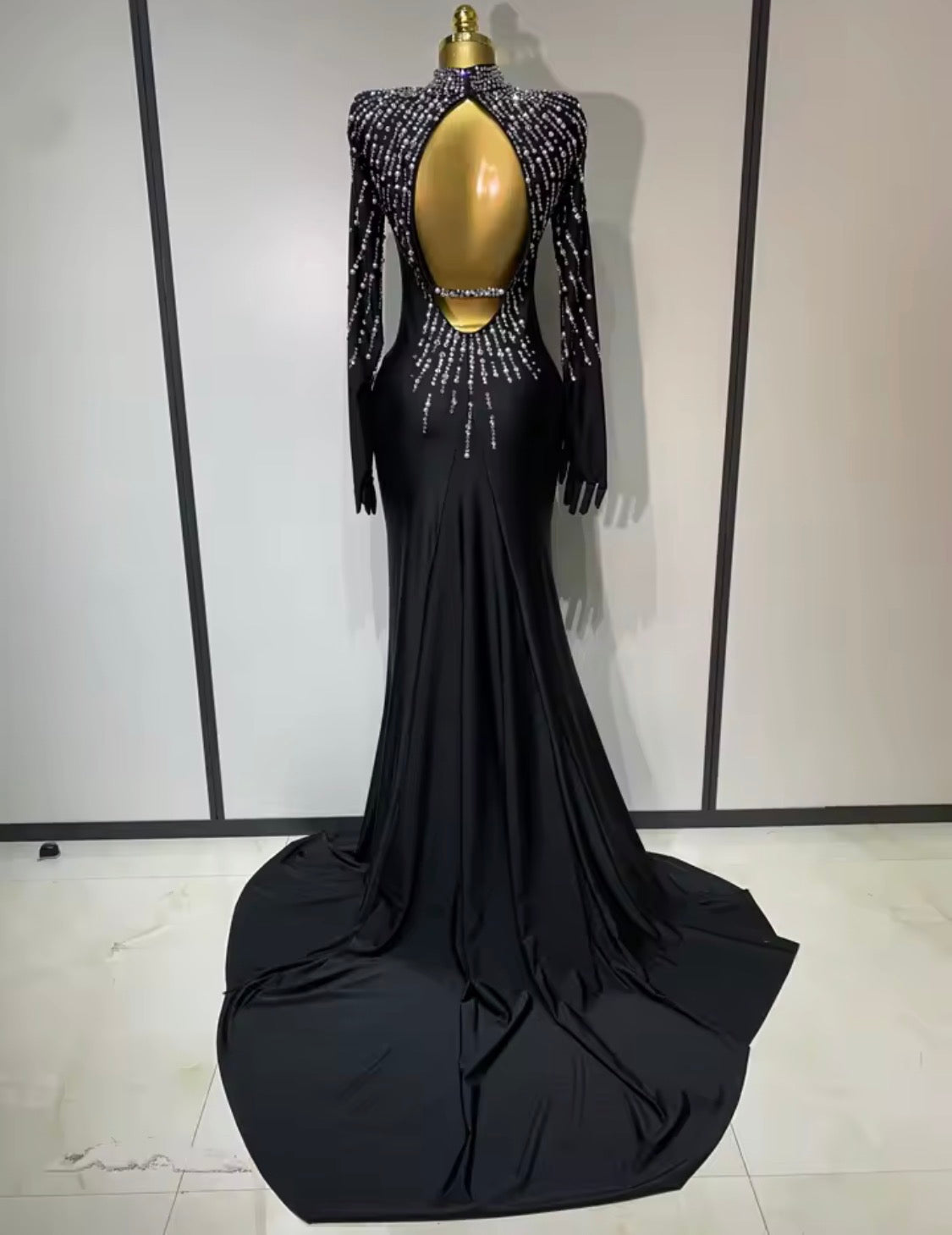 Luxury Black Rhinestone Evening Gown with Gloves, Crystal Embellished Mermaid Dress, High Neck Open Back Formal Gala Dress, Birthday Prom Dress