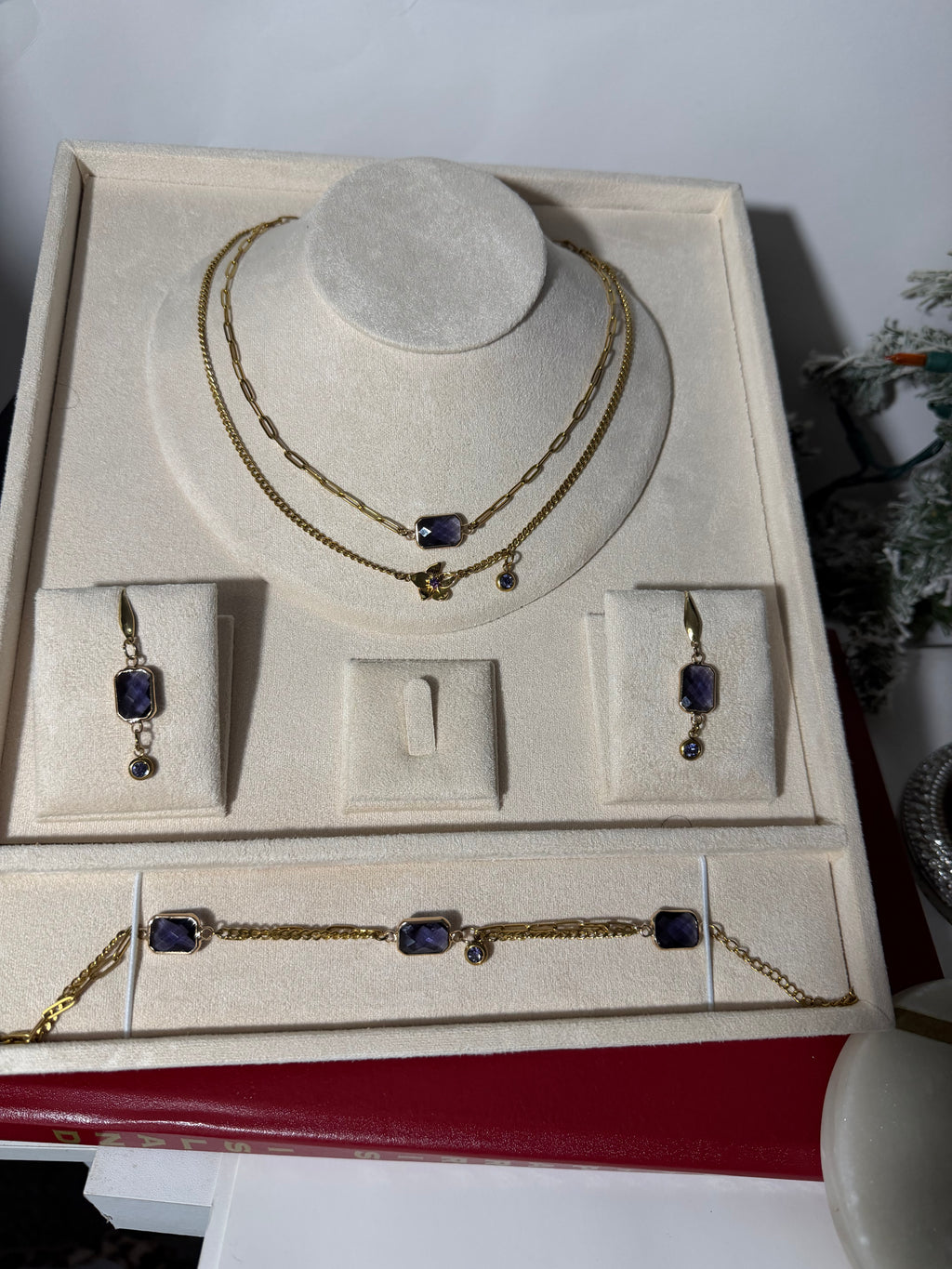 18k Gold PVD Birth Month double layered pendant Necklace, Bracelet and Earrings 3 pce set.