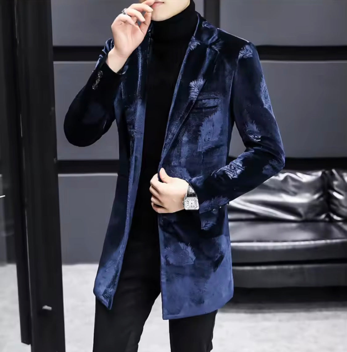 Men's Luxury Velvet Feather Embossed Longline Blazer | Slim Fit Mid-Length Tuxedo Jacket Coat in Black & Royal Blue