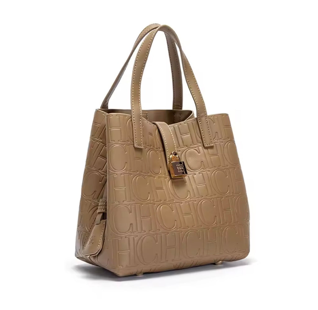 Designer-Inspired Embossed Monogram Tote Bag – Luxury PU Leather Top-Handle Handbag & Crossbody Purse with Lock Detail