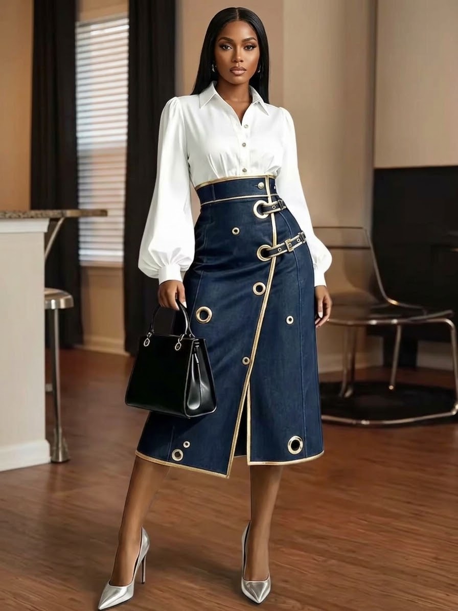 High Waisted Denim Collection - Gold Trim Wide Leg Pants & Asymmetric Midi Skirt with Buckle & Grommet Detail