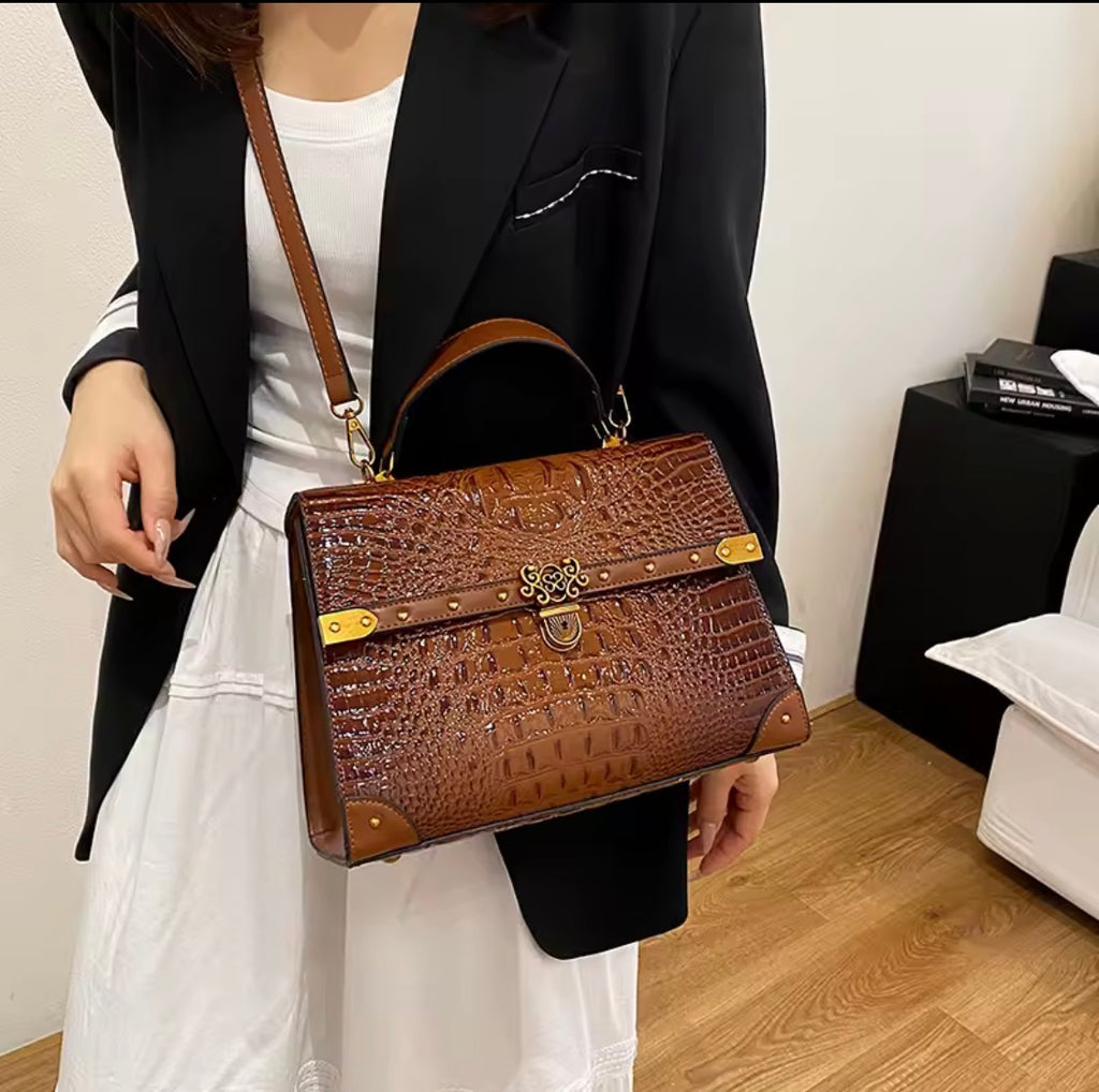 Vintage Crocodile Pattern Satchel Handbag