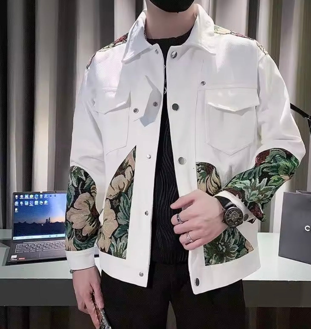 Men's Vintage Floral Patchwork Jacket | Retro Trim Trucker Coat