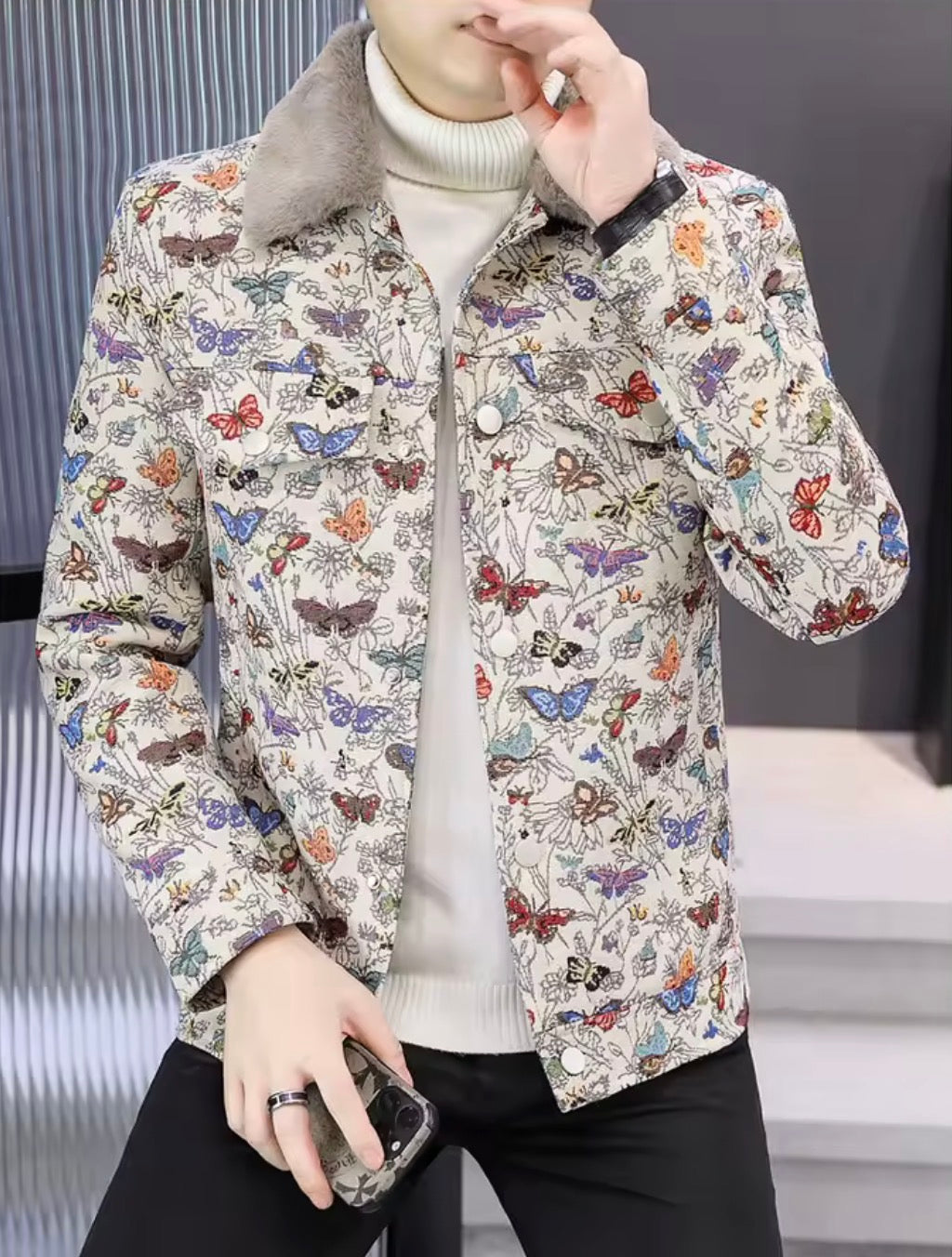 Men's Butterfly Print Winter Jacket with Faux Fur Collar | Warm Plush Fleece Lined Trucker Jacket