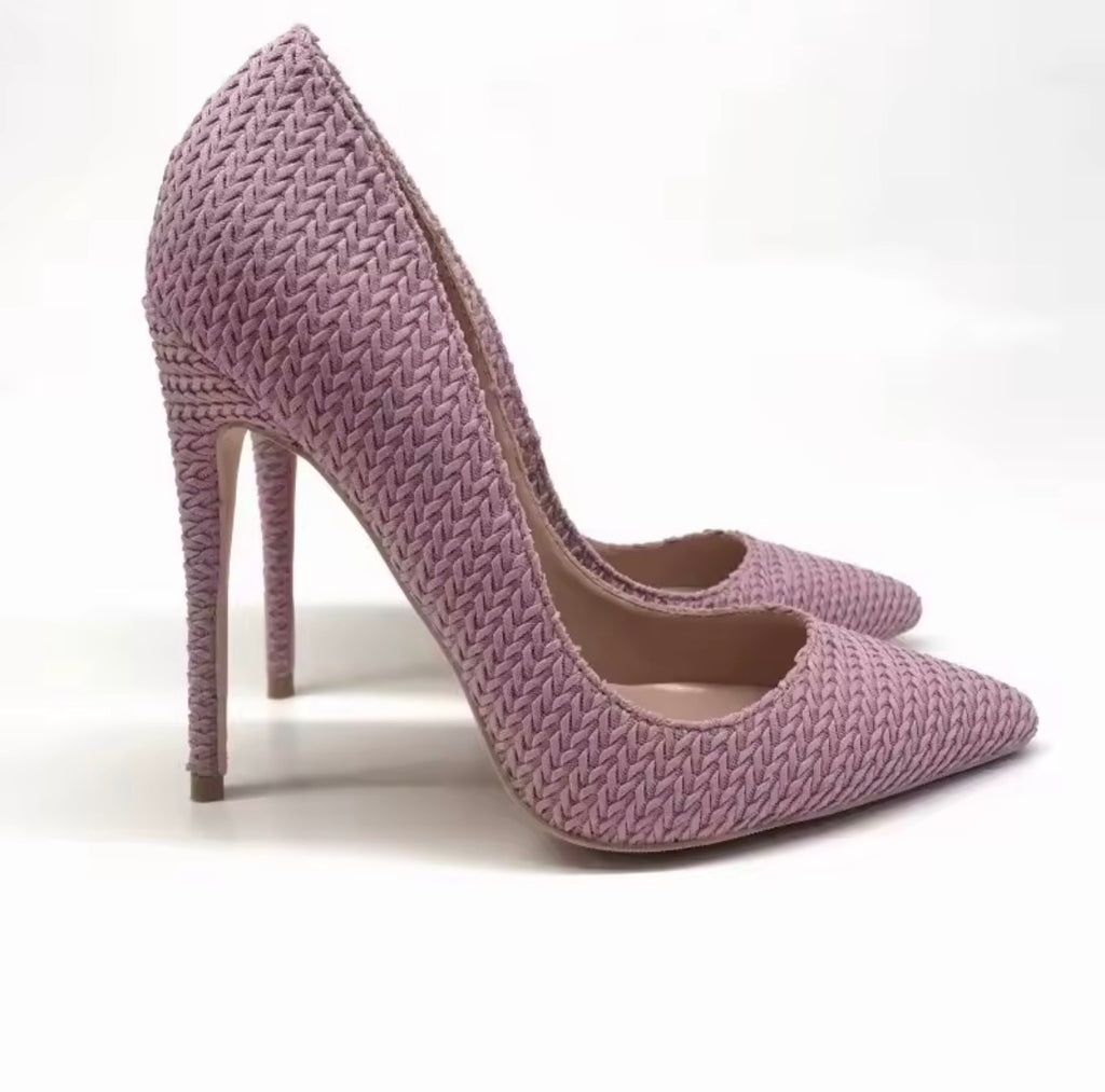 Pink Woven Fabric High Heels, Pointed Toe Stiletto Pumps, Textured Pink Dress Shoes, Chic Women's Party Heels, Elegant Spring Summer Shoes