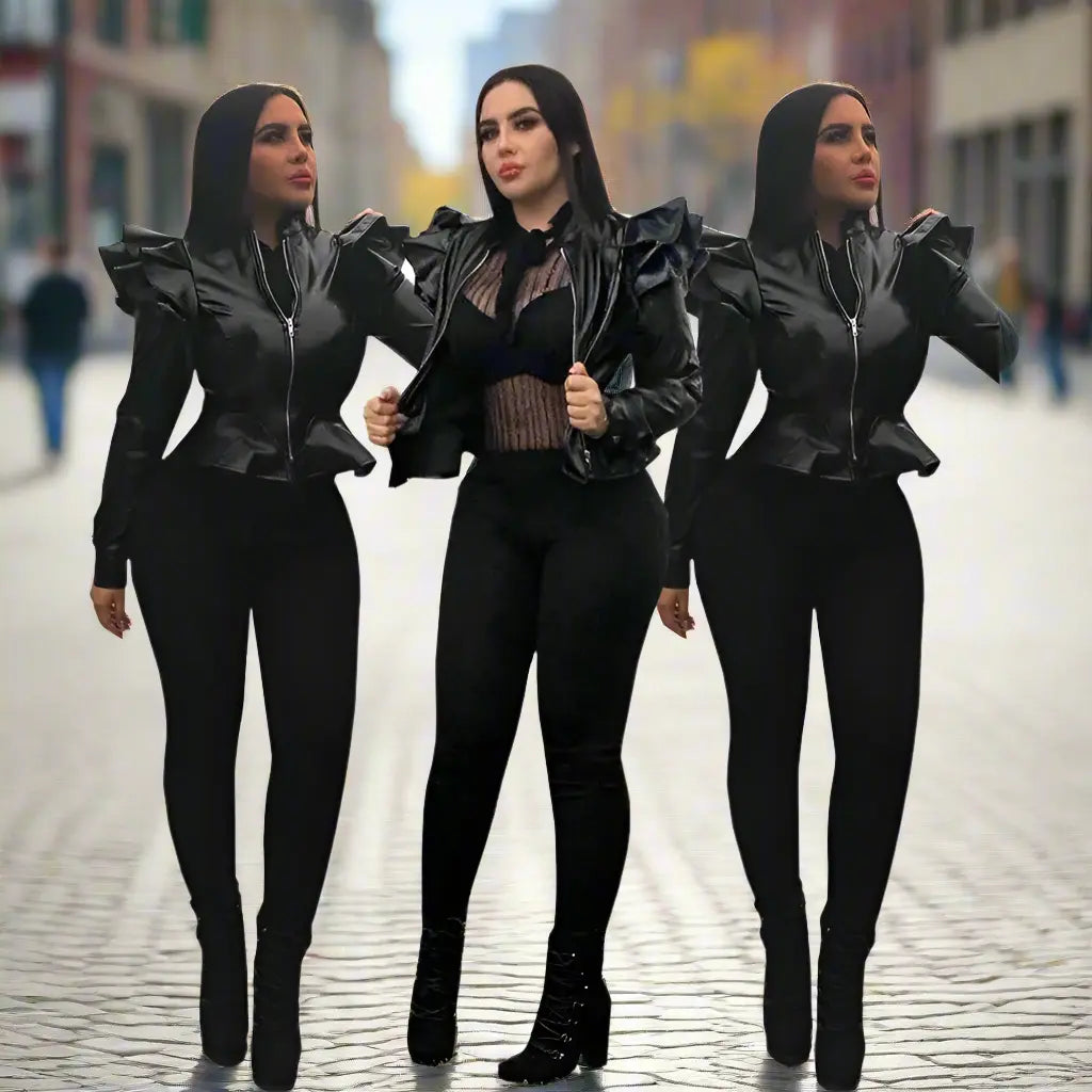Leather Casual Women's Ruffled Leather Jacket