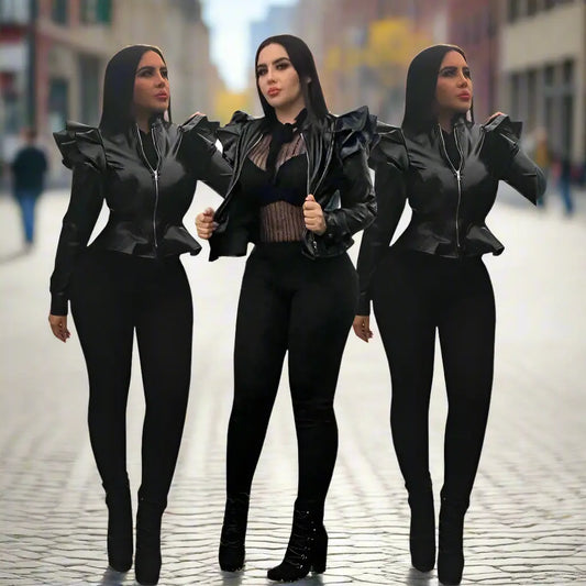 Leather Casual Women's Ruffled Leather Jacket
