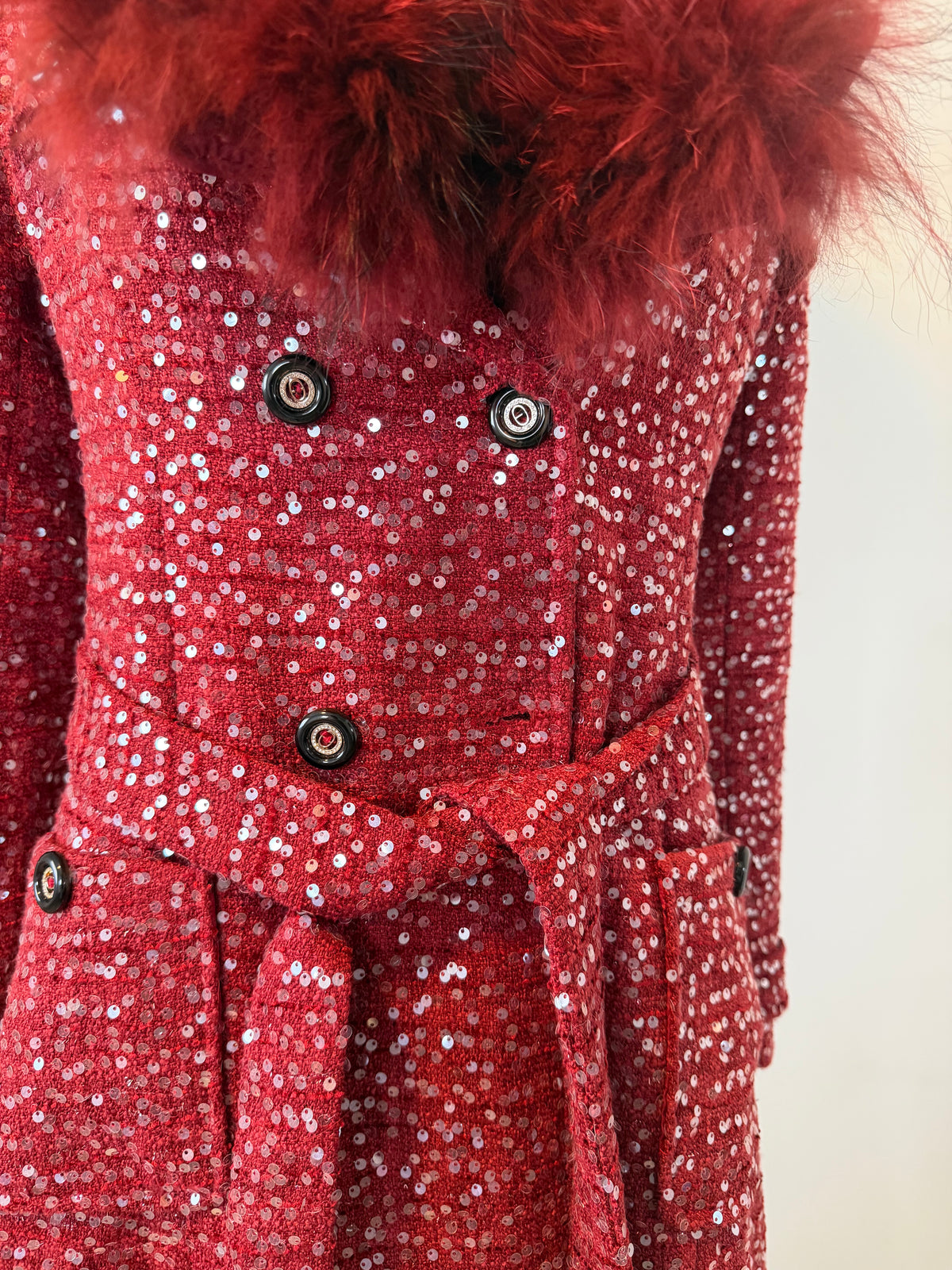 Elegant Sparkly Tweed Long Sequin Trench Belted Evening Overcoat with fur collar