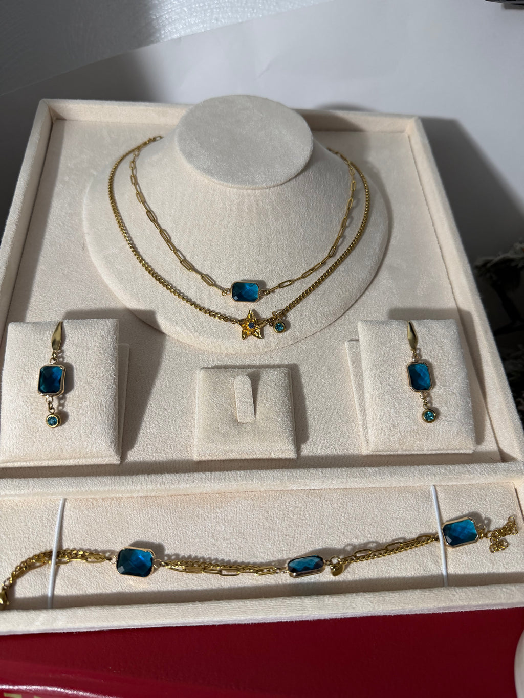 18k Gold PVD Birth Month double layered pendant Necklace, Bracelet and Earrings 3 pce set.