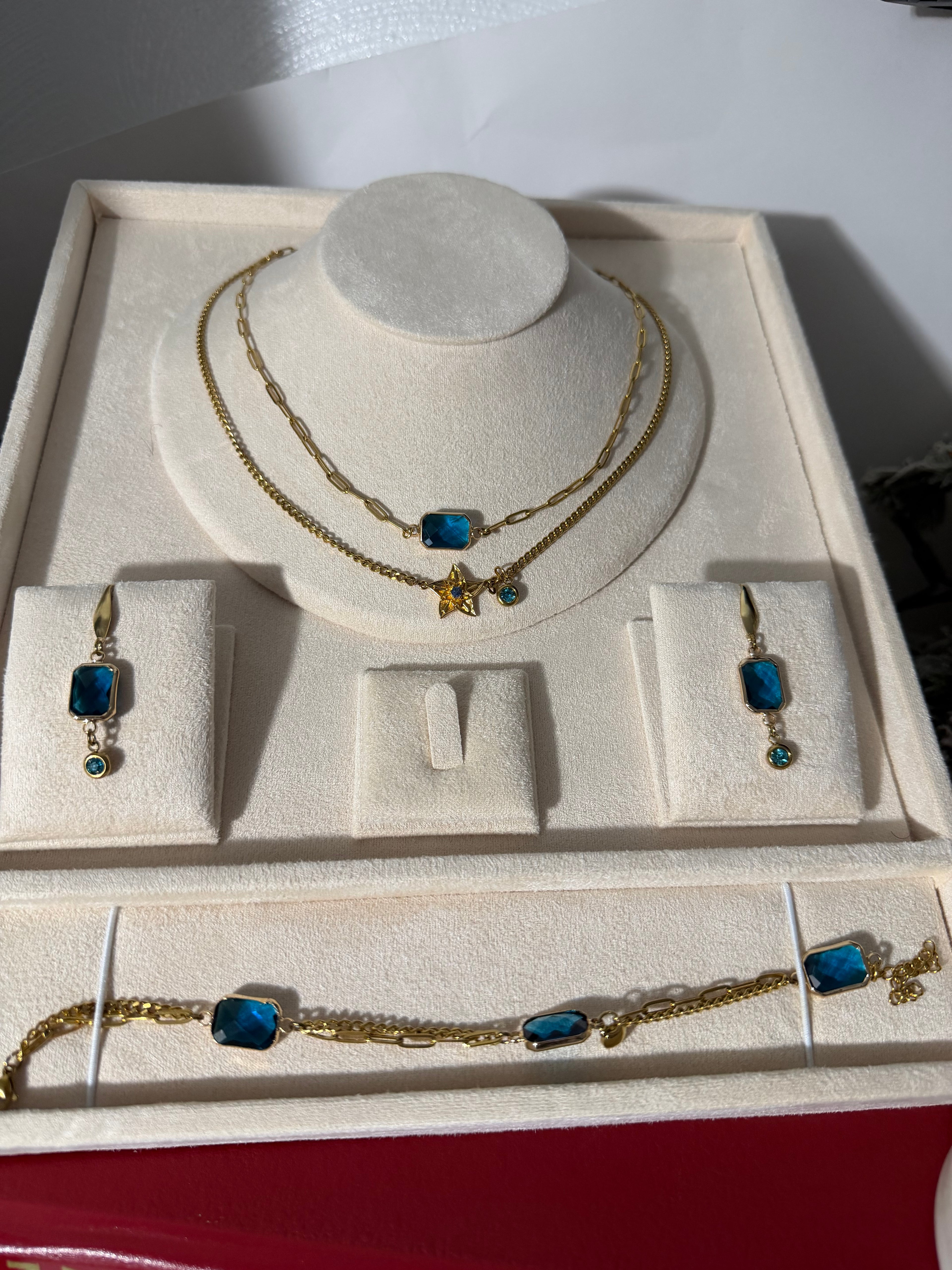 18k Gold PVD Birth Month double layered pendant Necklace, Bracelet and Earrings 3 pce set.