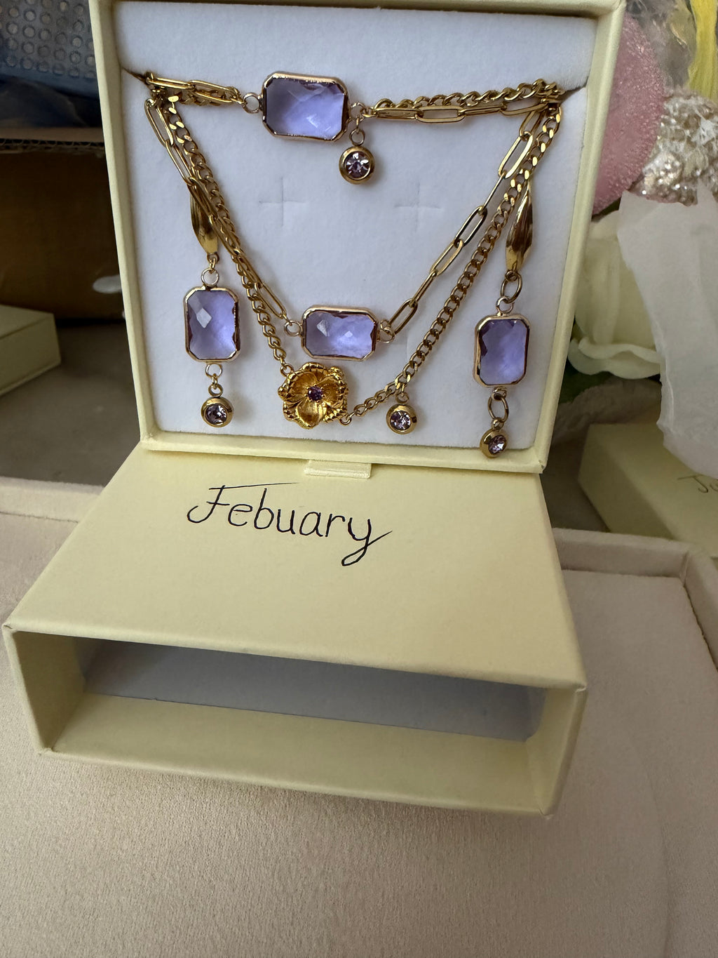 18k Gold PVD Birth Month double layered pendant Necklace, Bracelet and Earrings 3 pce set.