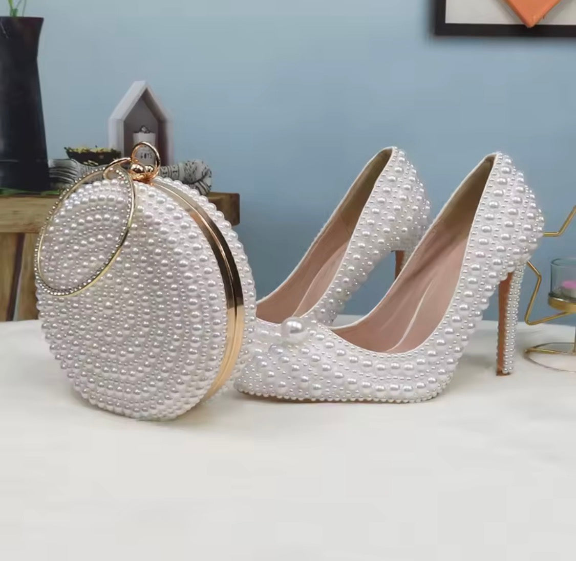 Pearl Wedding Shoes and Matching Clutch Set, Bridal Stilettos or Flats, Beaded Wedding Heels, Custom Bride Handbag and Shoes