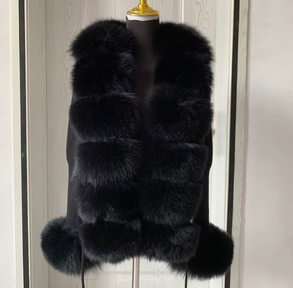 Luxury Real Fox Fur Cardigan with Sleeves & Cuffs | Handcrafted Knit Wool Blend Sweater with Genuine Fox Fur Trim