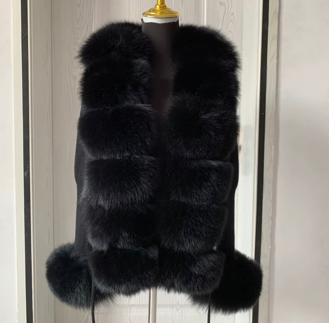 Luxury Real Fox Fur Cardigan with Sleeves & Cuffs | Handcrafted Knit Wool Blend Sweater with Genuine Fox Fur Trim