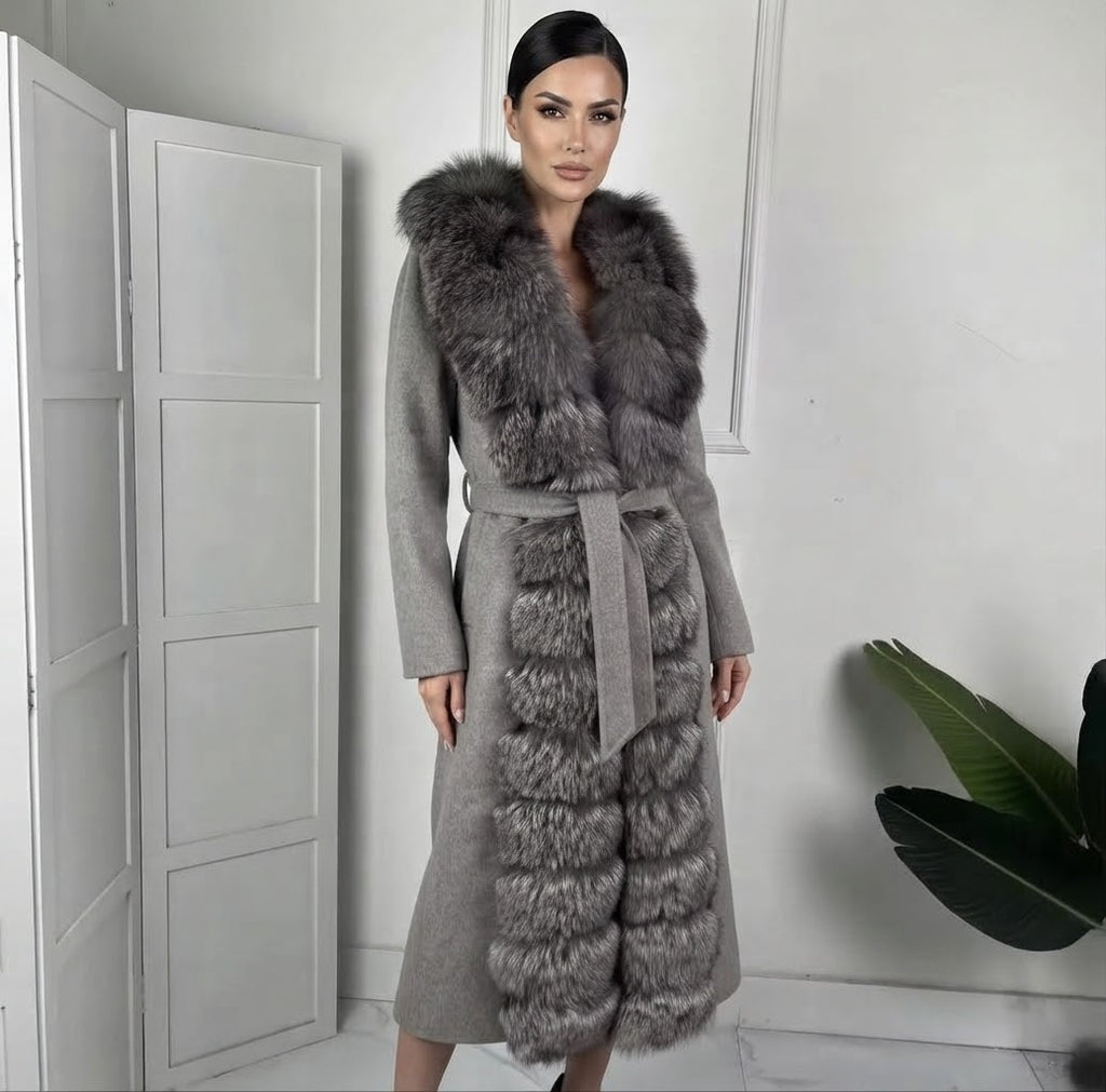 Long Luxury Wool & Cashmere Blend Coat for Women – Winter Warmth with a Genuine Silver Fox Fur Trim & Belted Waist