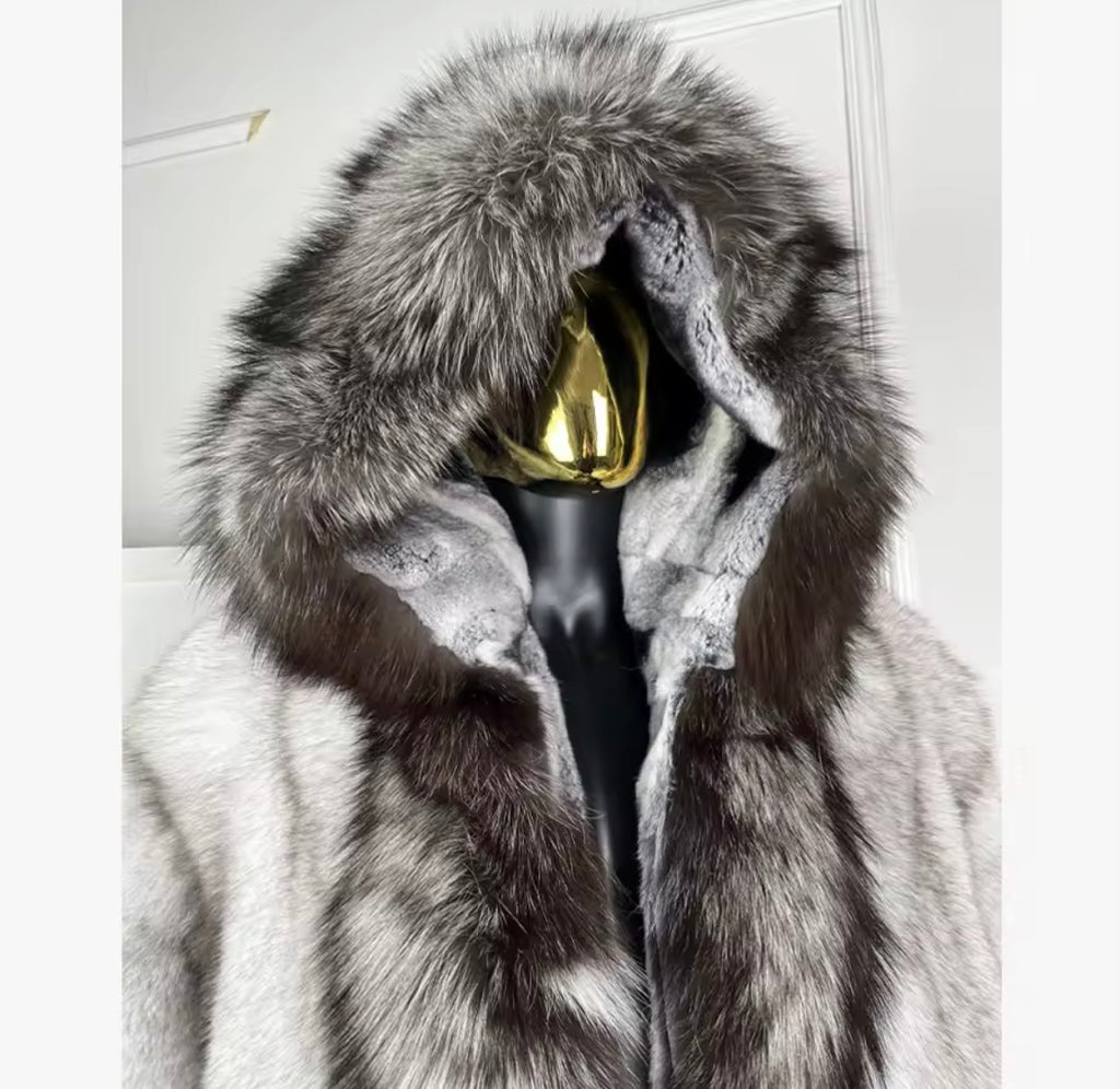 Men's Real Fox Fur & Rex Rabbit Fur Lined Winter Jacket | Luxury Hooded Outerwear with Silver Fox Trim