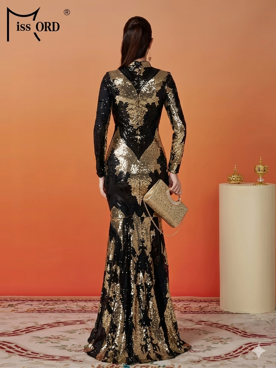 Black and Gold Sequin Mermaid Evening Gown and Glitter Clutch Set, Formal Gala Dress, Great Gatsby Prom Dress, Mother of the Bride.