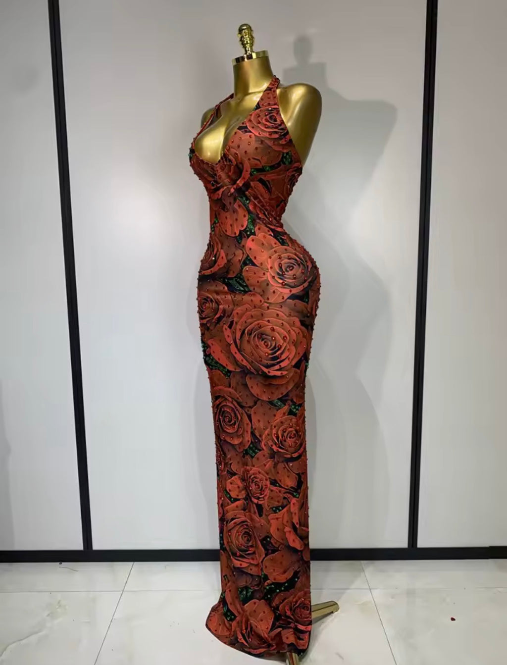 Red Rose Rhinestone Halter Maxi Dress | Floral Mesh Bodycon Evening Gown | Glam Formal Party Dress | Floor Length Backless Dress | Elegant Dress