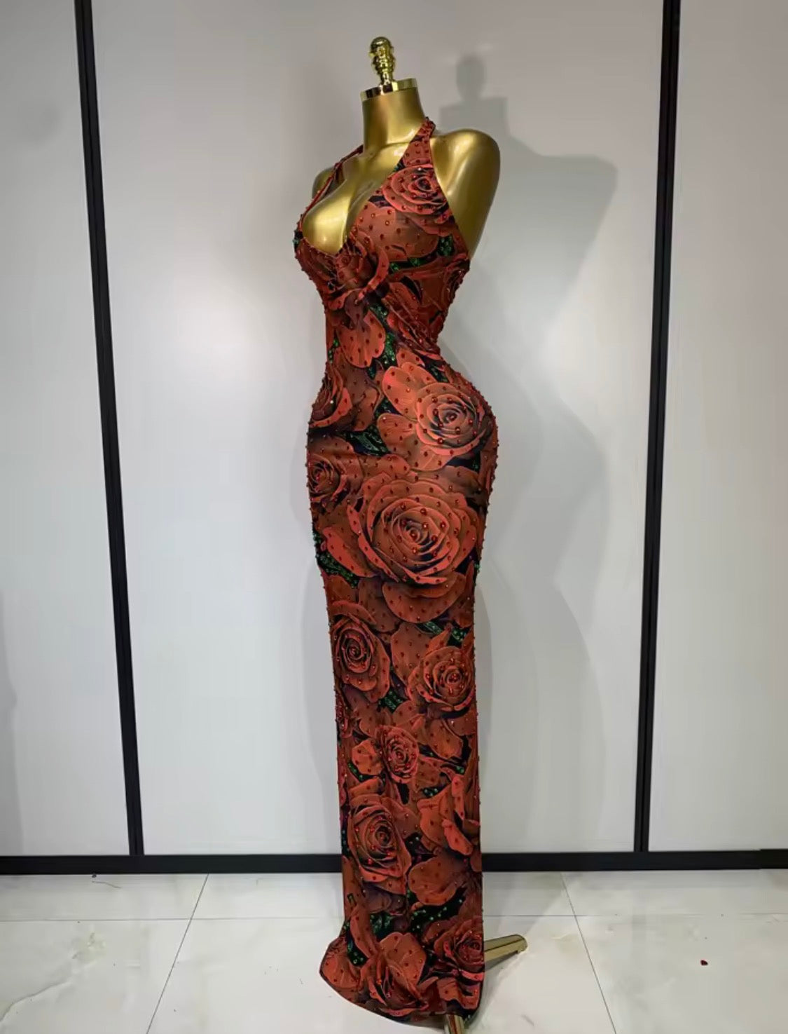 Red Rose Rhinestone Halter Maxi Dress | Floral Mesh Bodycon Evening Gown | Glam Formal Party Dress | Floor Length Backless Dress | Elegant Dress