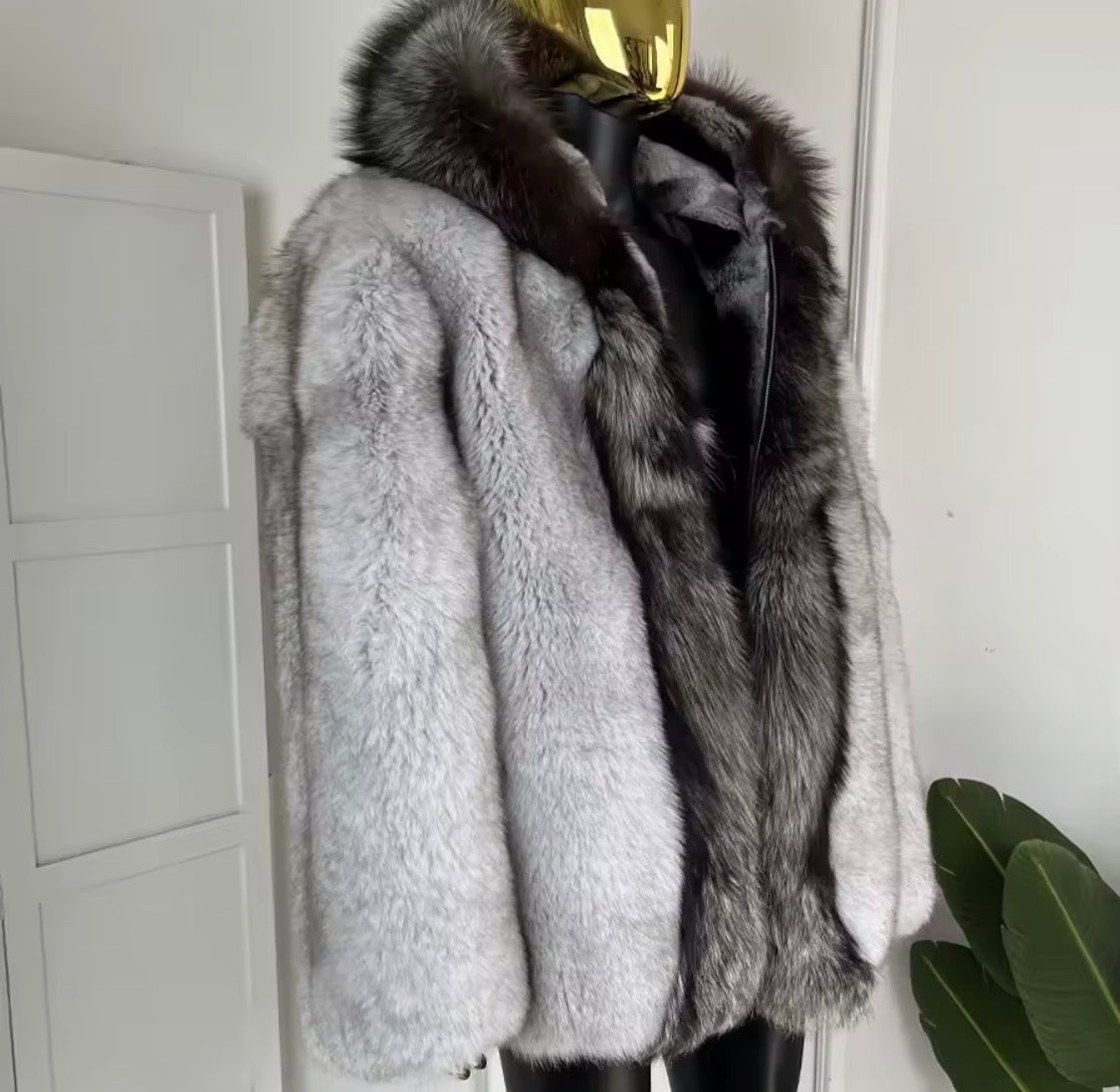 Men's Real Fox Fur & Rex Rabbit Fur Lined Winter Jacket | Luxury Hooded Outerwear with Silver Fox Trim
