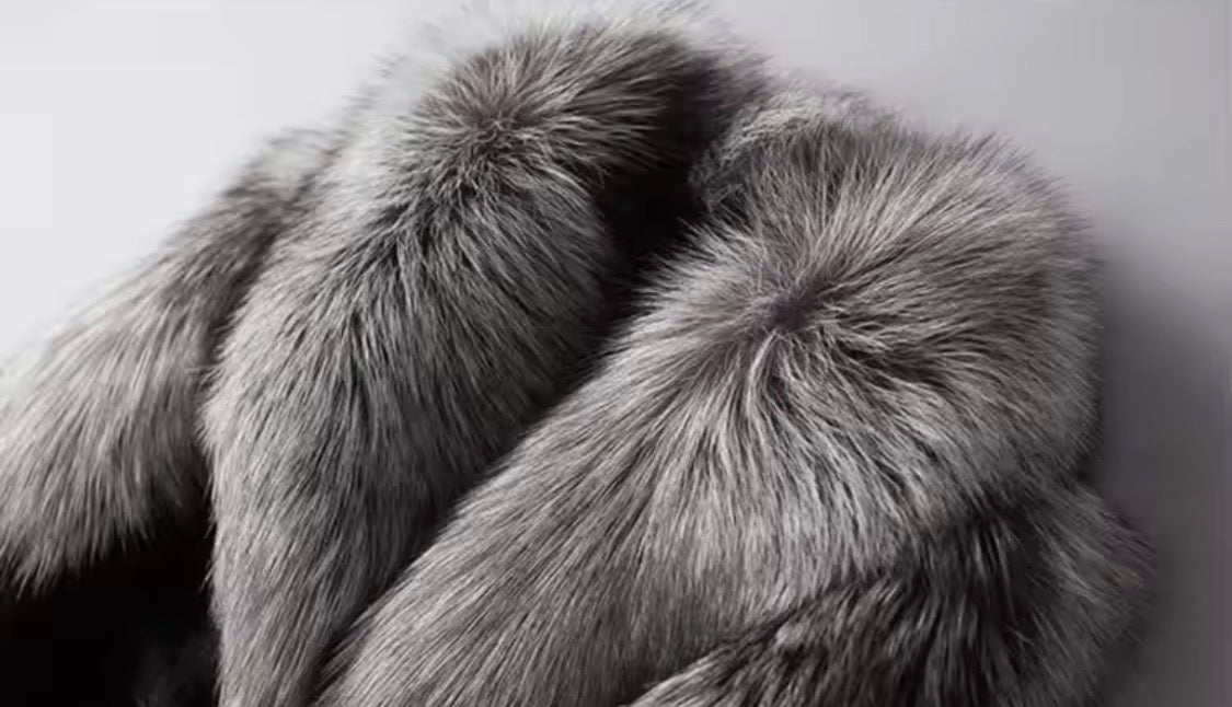 Luxury Faux Fur Long Coat for Men with Silver Fox Collar