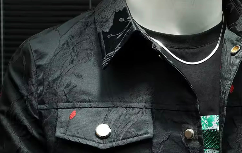 Men's Floral Jacquard Button-Up Casual Jacket with Pocket Details | Stylish Modern Statement Outerwear