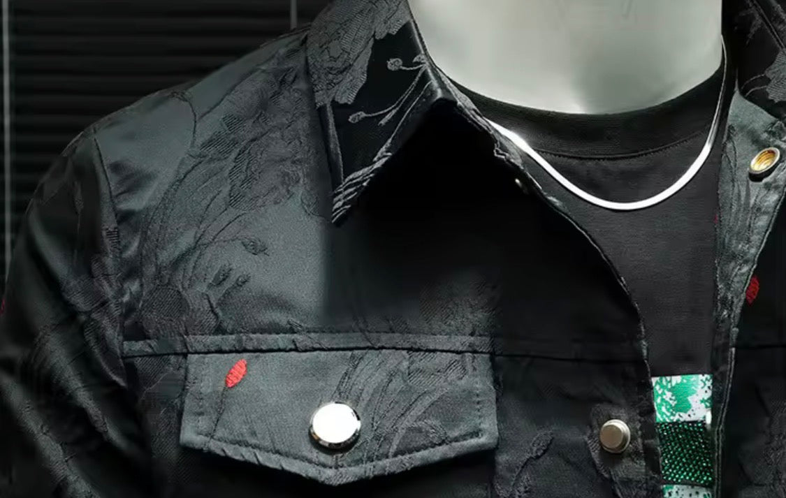 Men's Floral Jacquard Button-Up Casual Jacket with Pocket Details | Stylish Modern Statement Outerwear