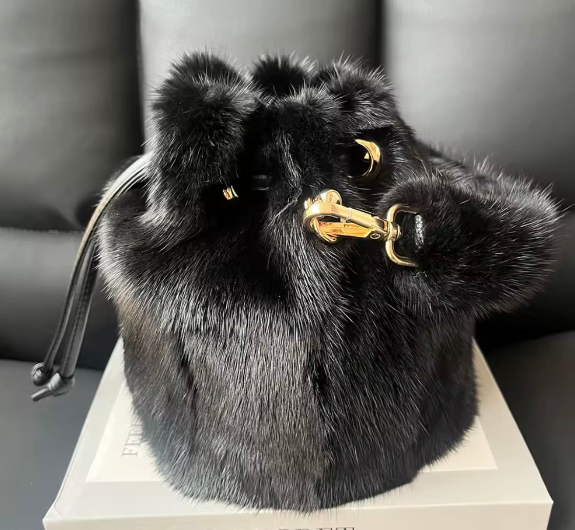 Luxury 3-Piece Real Fur Set: Genuine Rabbit Fur Hooded Vest, Mink Fur Bucket Bag, and Matching Mink Fur Arm Warmers