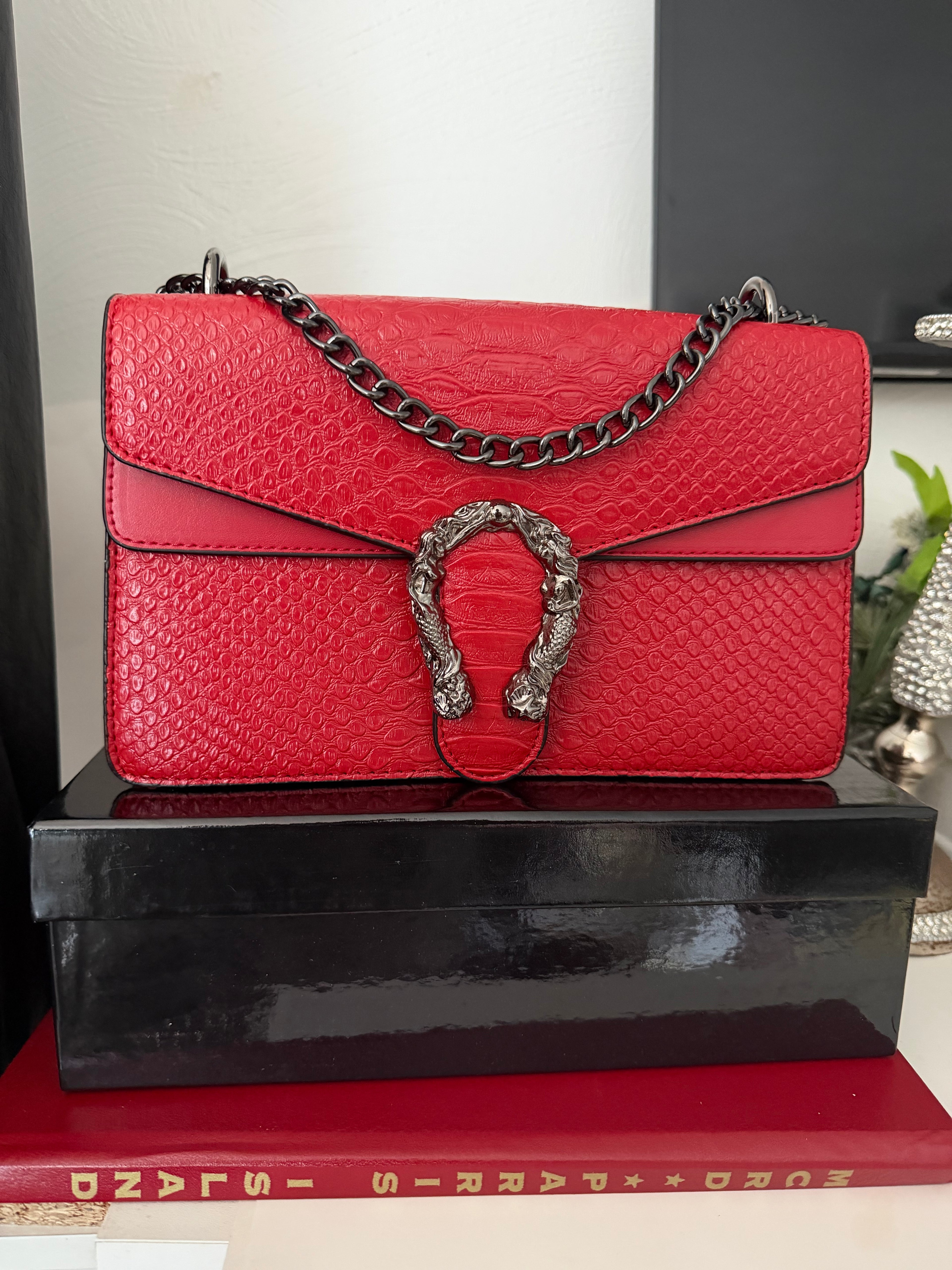 Red Snakeskin Heels and Purse Set | Cobra Print Stiletto Pumps and Dionysus Style Crossbody Bag | Red Crocodile Clutch with Gold Chain | Snakeskin Gift Set for Her