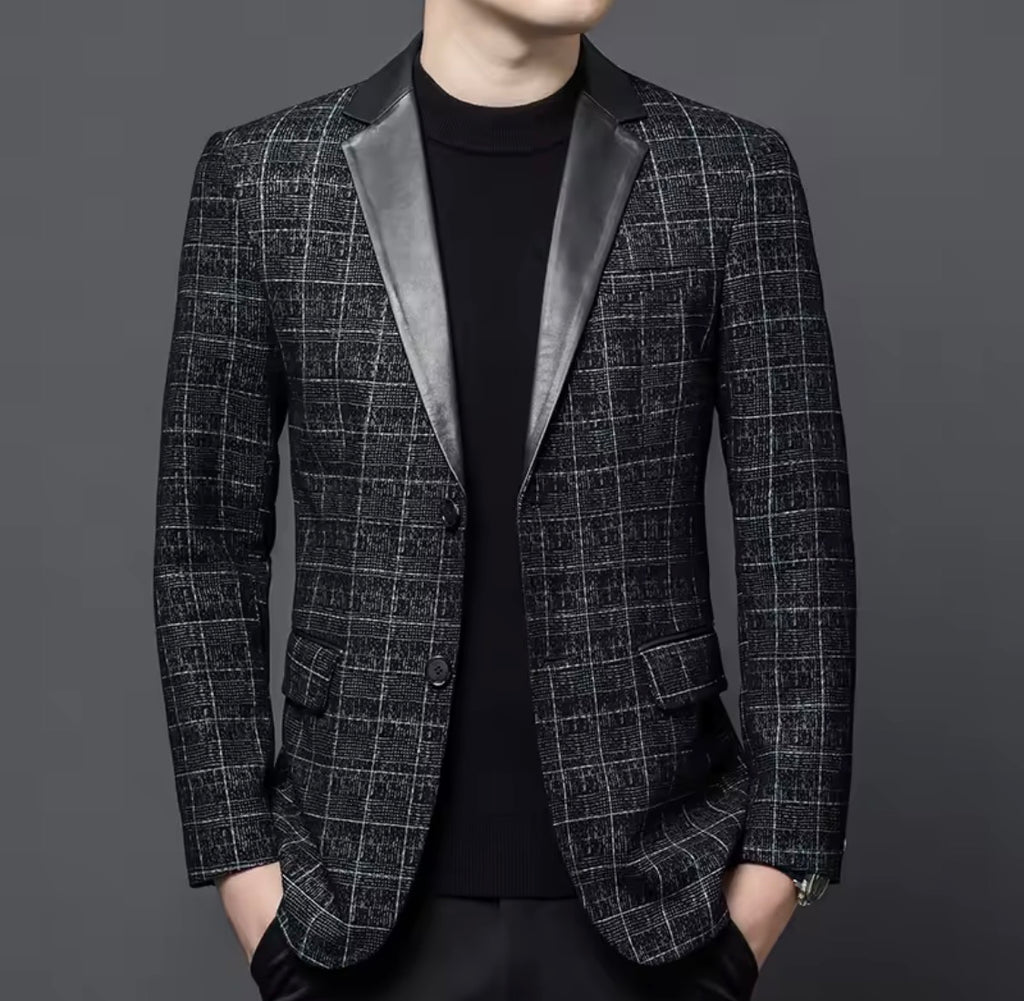 Men's Genuine Sheepskin Leather Blazer Jacket, Luxury Textured Pattern Slim Fit Sport Coat, Black Leather Tuxedo Blazer for Men, Gift for Him