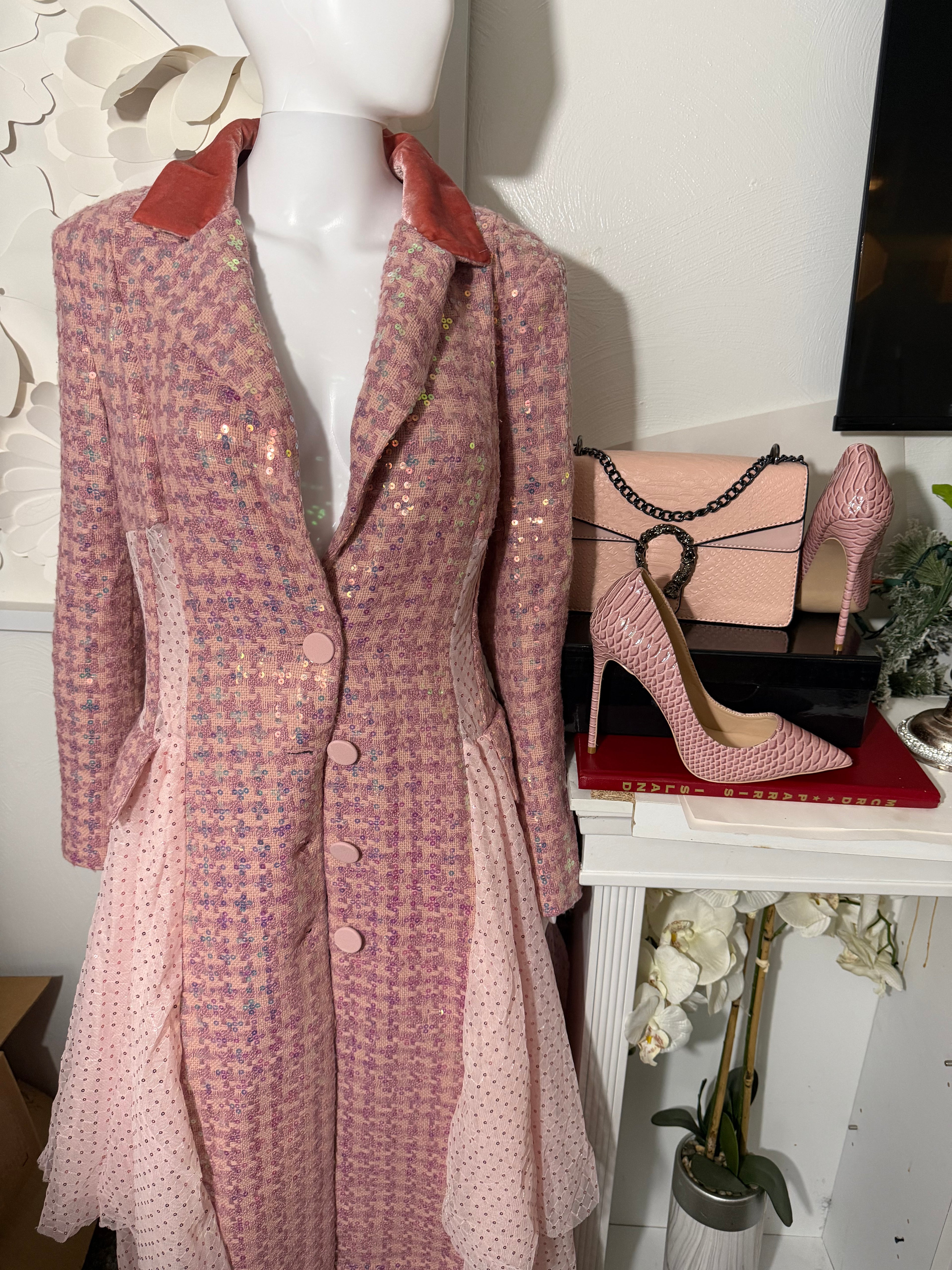 Stunning pink Sequins Mesh Layered Trench Coat – Elegant Evening Outerwear