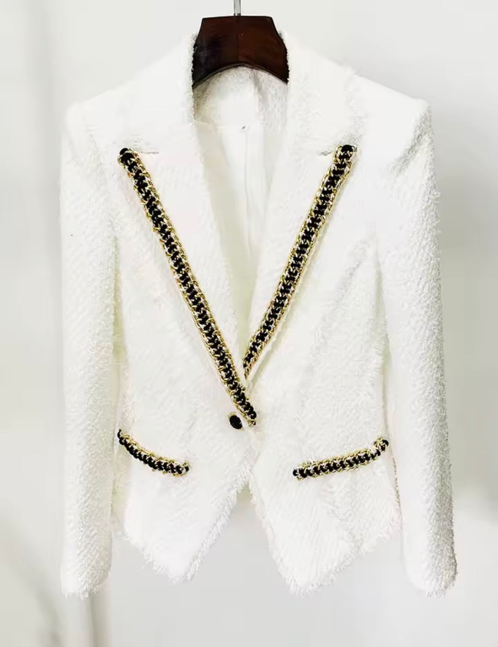 White Tweed Blazer with Black & Gold Chain Trim | Luxury Fringe Trim Jacket | Designer Inspired Chic Tailored Outerwear