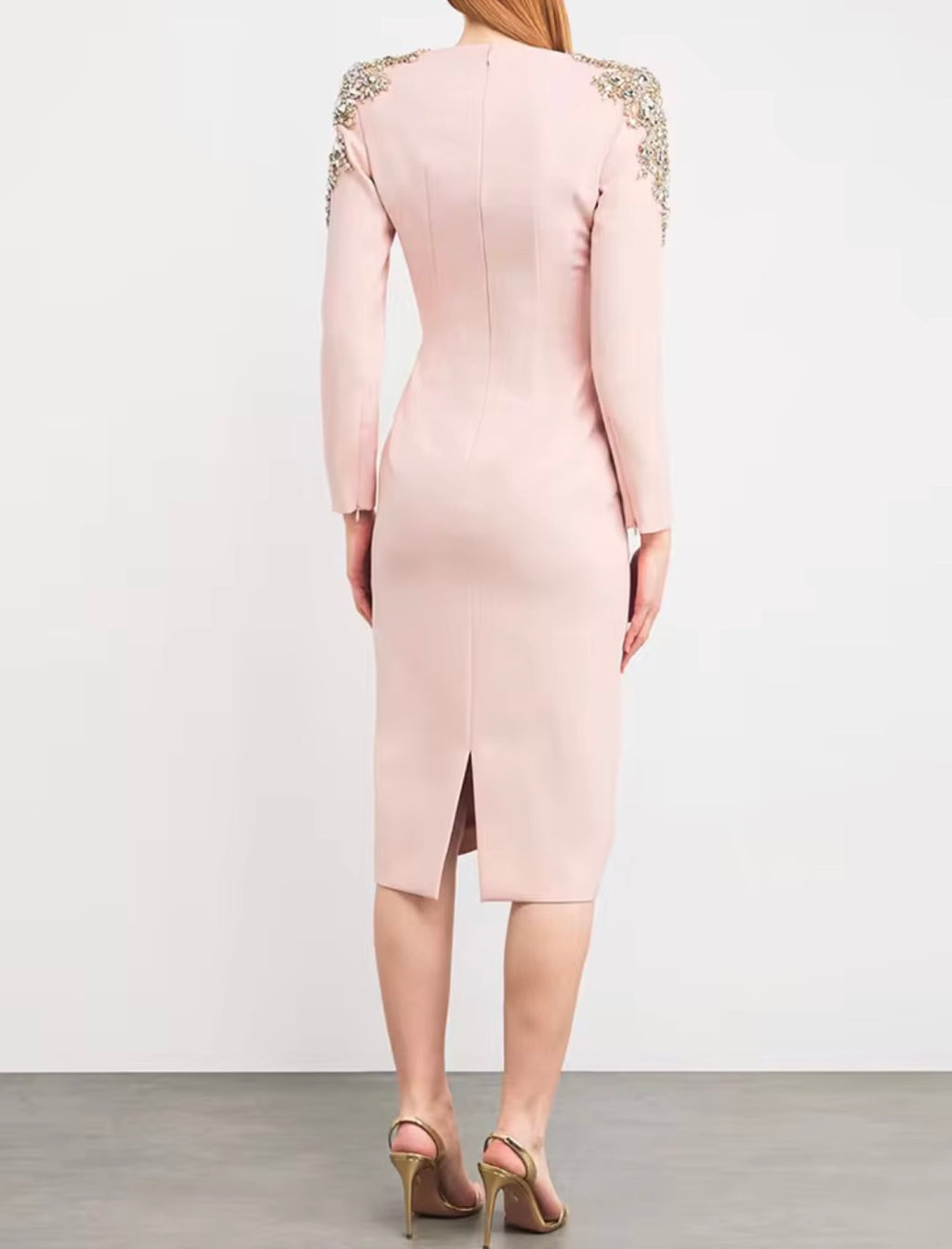 Elegance Crystal Beaded Shoulder Midi Dress, Long Sleeve Cocktail Party Dress, Luxury Formal Evening Gown