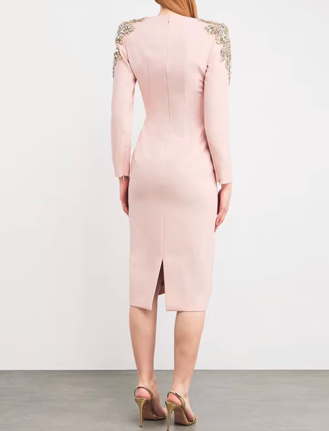 Elegance Crystal Beaded Shoulder Midi Dress, Long Sleeve Cocktail Party Dress, Luxury Formal Evening Gown