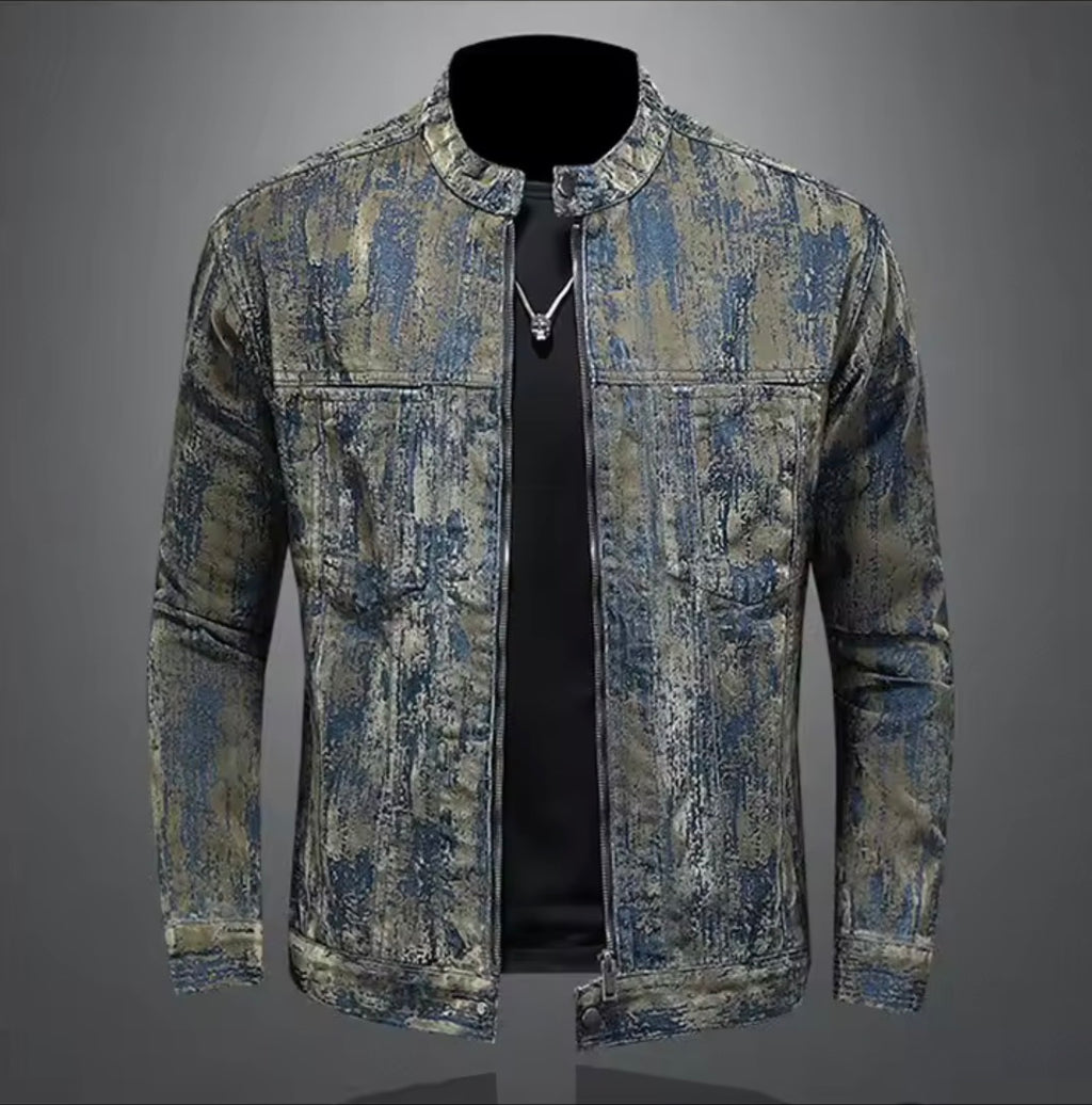Men’s Distressed Acid-Wash Denim Jacket | Vintage style Moto Biker Stand Collar Zipper Jean Jacket