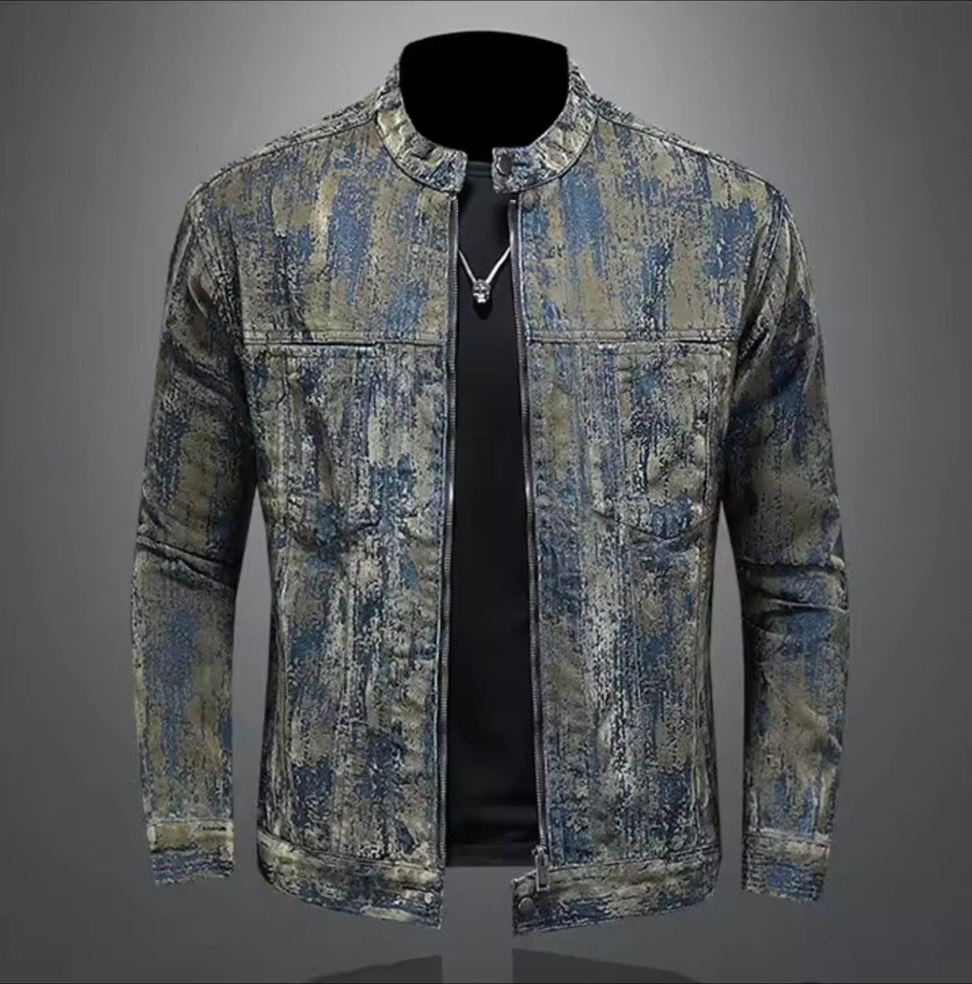 Men’s Distressed Acid-Wash Denim Jacket | Vintage style Moto Biker Stand Collar Zipper Jean Jacket