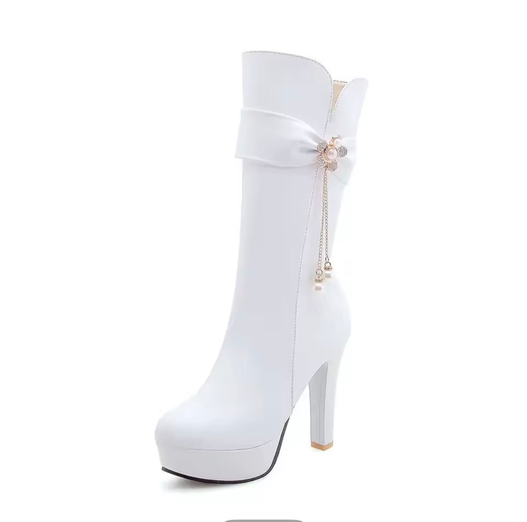 Women’s High Heel Platform Mid-Calf Boots – Elegant Bow Pearl Tassel Dress Boots