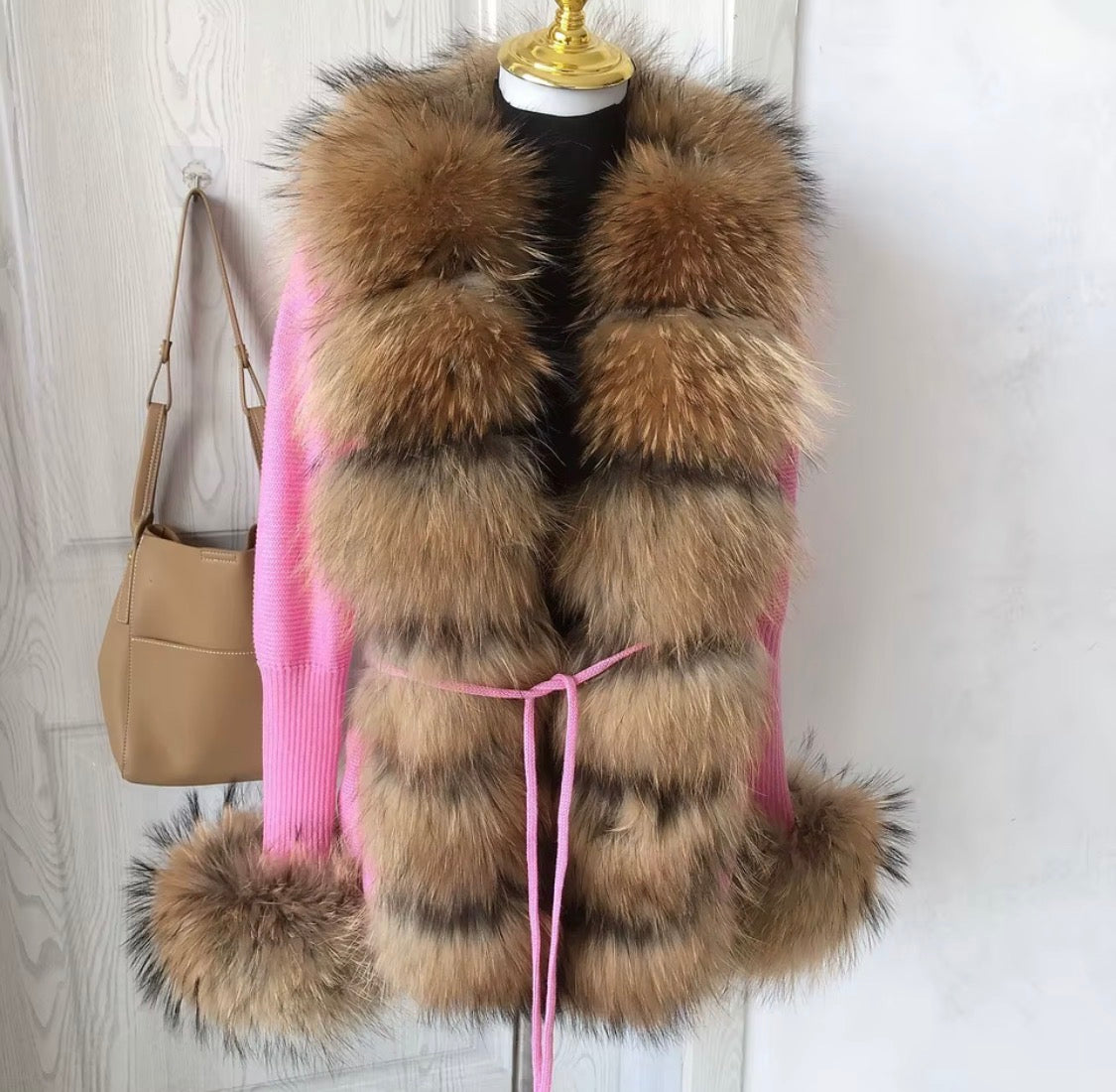 Luxury Real Fox Fur Cardigan with Sleeves & Cuffs | Handcrafted Knit Wool Blend Sweater with Genuine Fox Fur Trim
